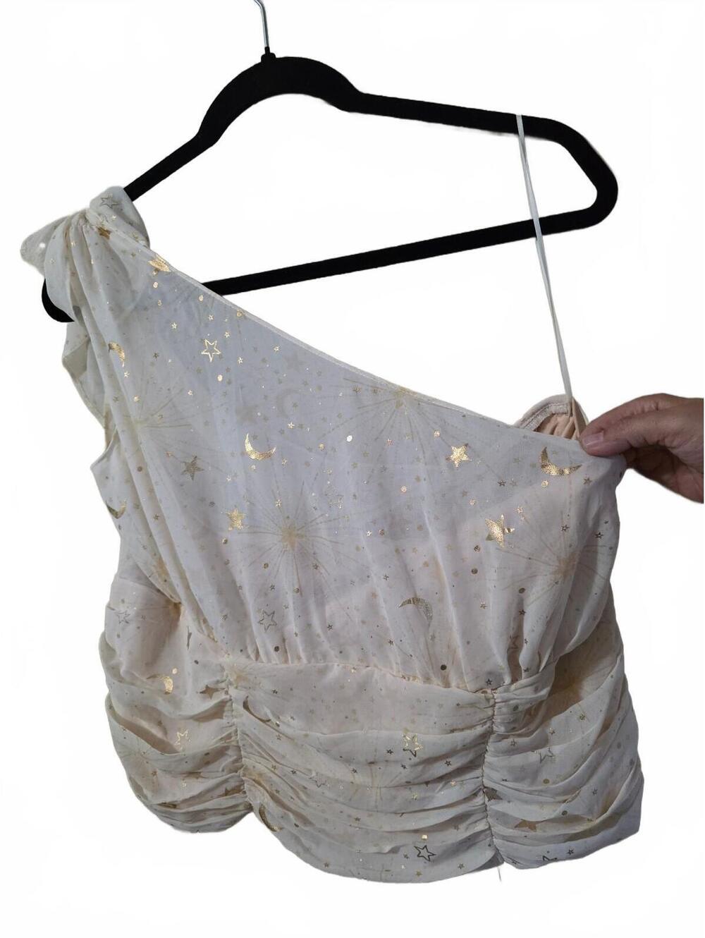 Torrid Chiffon Foil One-Shoulder Ruched Cream  Crop Top with Gold Star/Moon 2